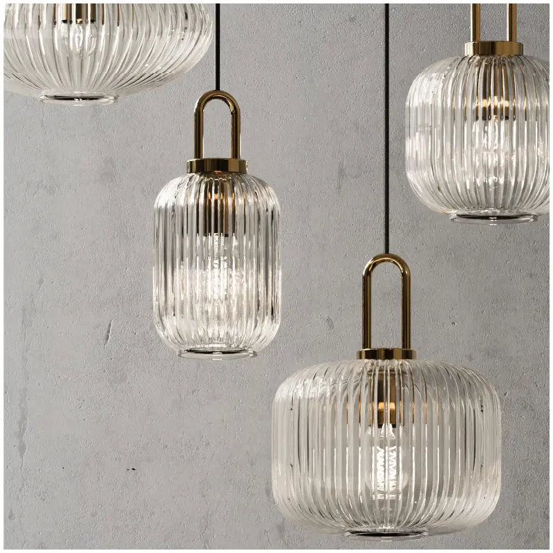 Contemporary Nordic Round Oval Pumpkin Stainless Steel Striped Glass 1-Light Pendant Light For Living Room