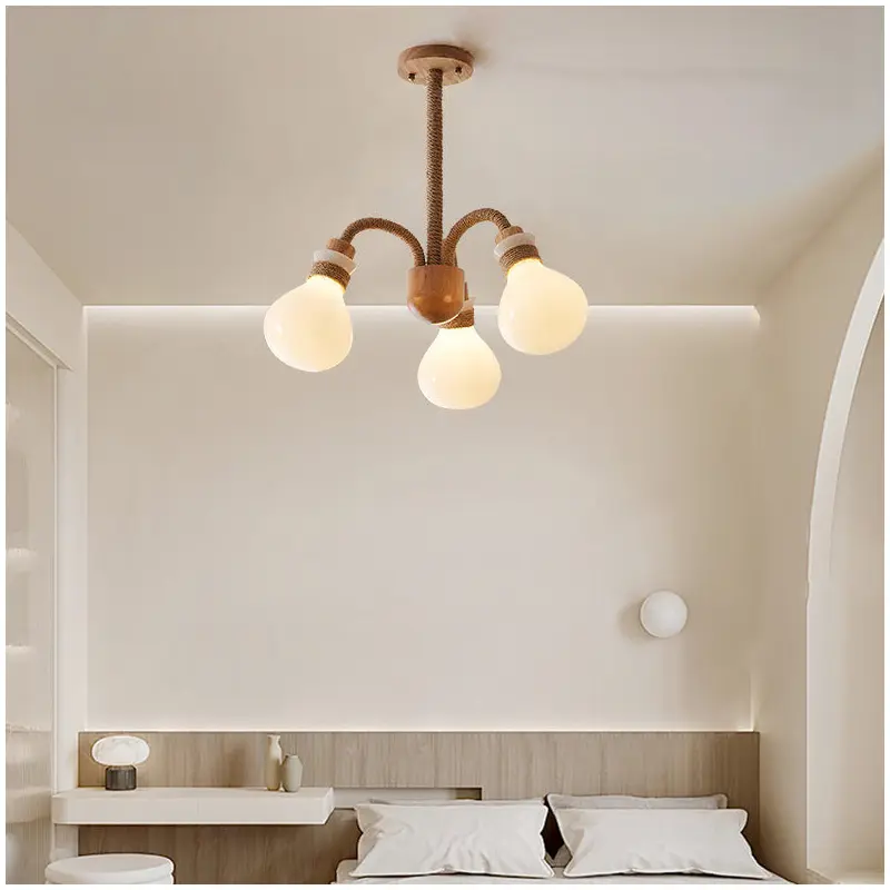 Contemporary Scandinavian Branch Curved Pole Orb Hemp Rope Solid Wood Glass 3/5/6 Light Chandelier for Living Room