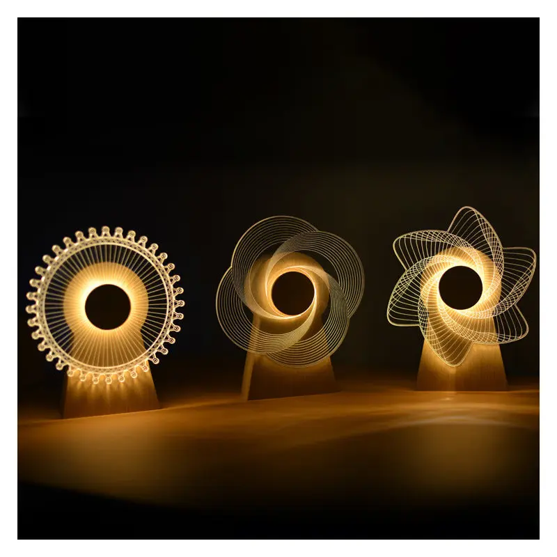 Modern Art Deco Wood Acrylic Observation Wheel Swirl Pinwheel USB Rechargeable Musical Box LED Table Lamp For Bedroom