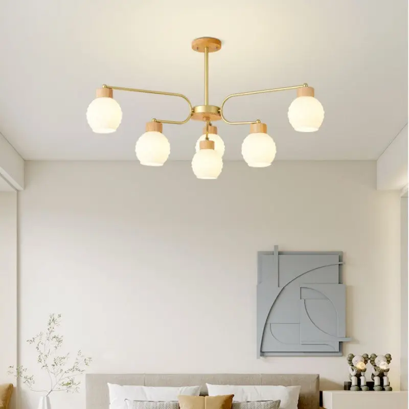 Modern Minimalist Curved Pole White Bellflower Hardware Wood Glass 6/10 Light Chandelier For Living Room