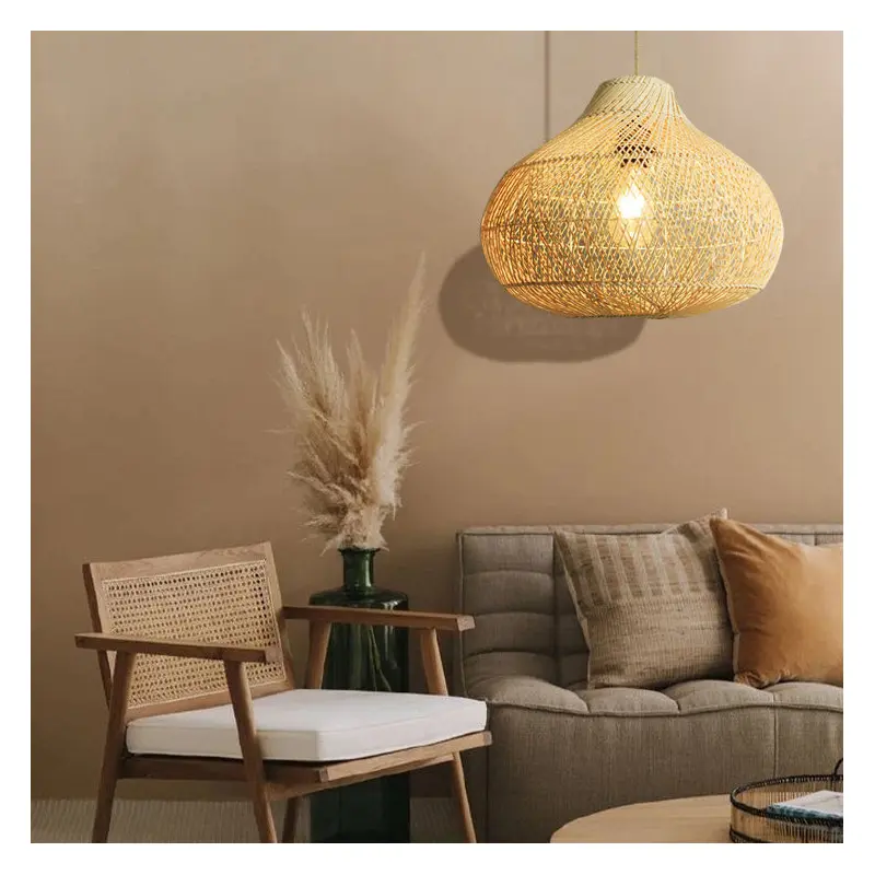 Traditional Chinese Round Weaving Wood 1-Light Pendant Light For Dining Room