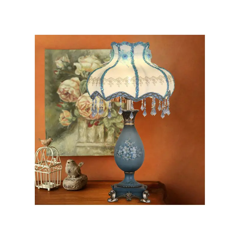 Traditional European Stained Resin Fabric Flower Dome 1-Light Table Lamp For Bedroom