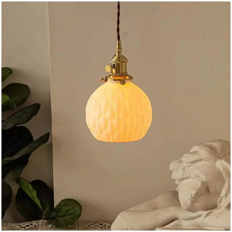 Traditional Japanese Round Pinecone Pumpkin Ceramic Brass 1-Light Pendant Light For Living Room