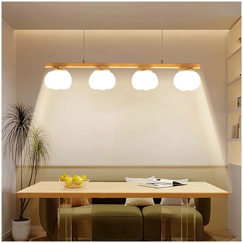 Traditional Japanese Wood Grain PE Cotton Shade 4-Light Island Light Chandelier For Living Room