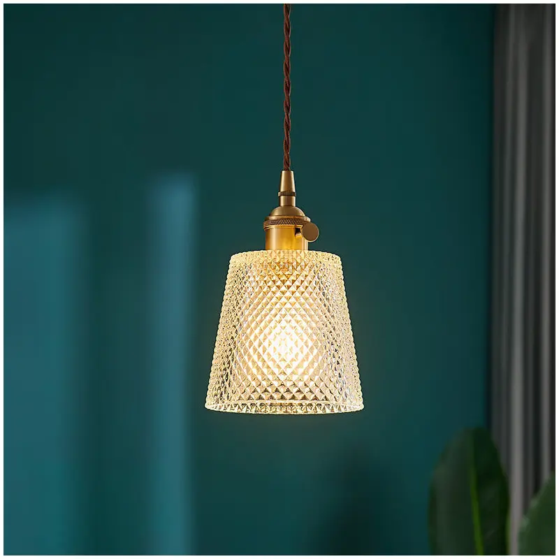 Traditional Vintage Cylinder Brass Glass 1-Light Pendant Light For Living Room