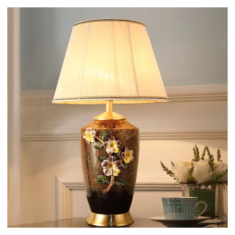 Traditional Vintage Peach Blossom Vase Shaped Ceramic Copper Fabric 1-Light Table Lamp For Bedroom