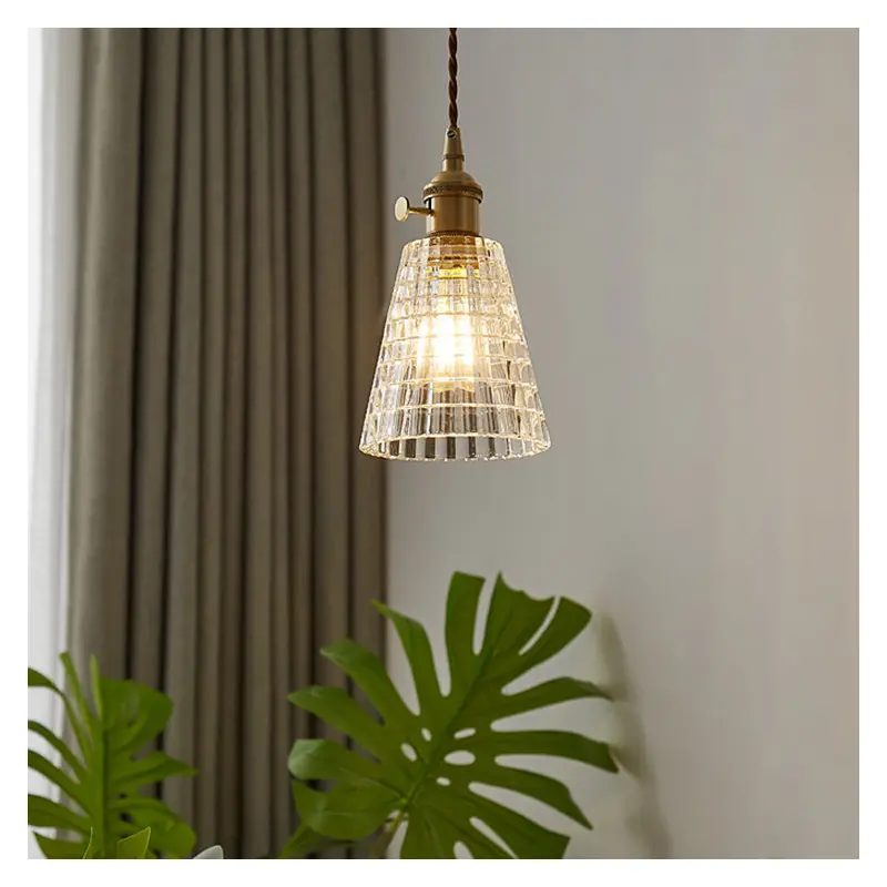 Traditional Vintage Round Cup Brass Glass 1-Light Pendant Light For Living Room