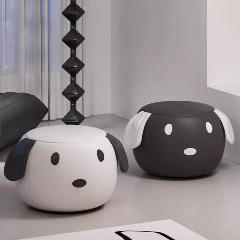 Contemporary Creative Oil Wax Leather Solid Wood Stainless Steel Dog-Shaped Round Movable Low Stool For Living Room