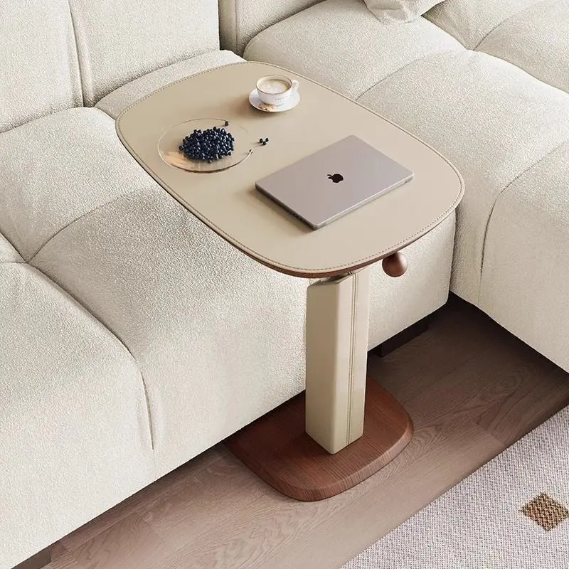 Contemporary Nordic Liftable Rotatable Square Synthetic Leather Solid Wood Stainless Steel Side Table 1-Tier For Living Room