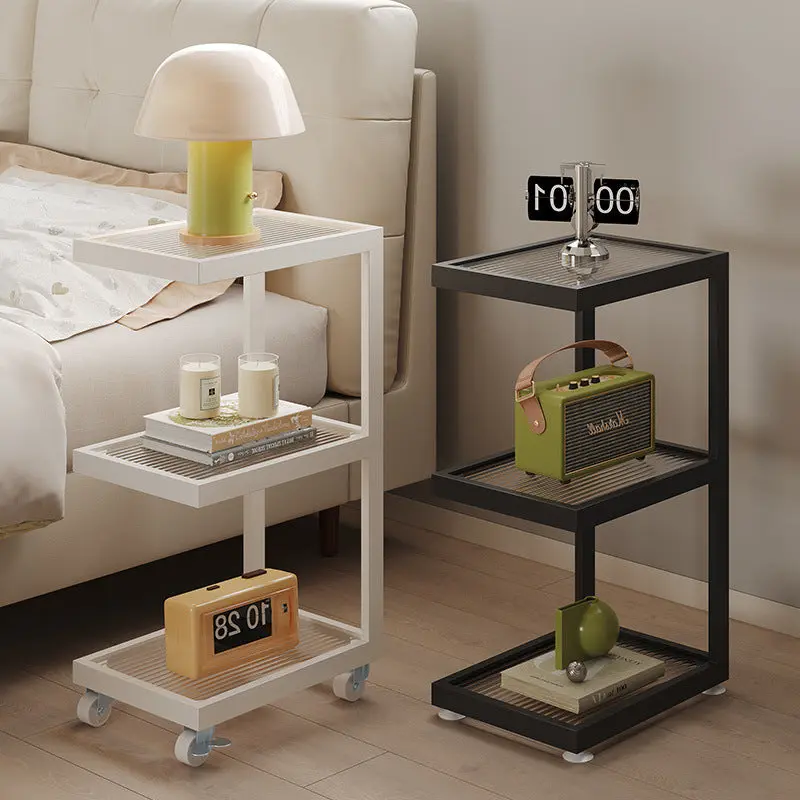Contemporary Scandinavian Glass Carbon Steel Mobile Rectangle Side Table 3-Tier For Living Room
