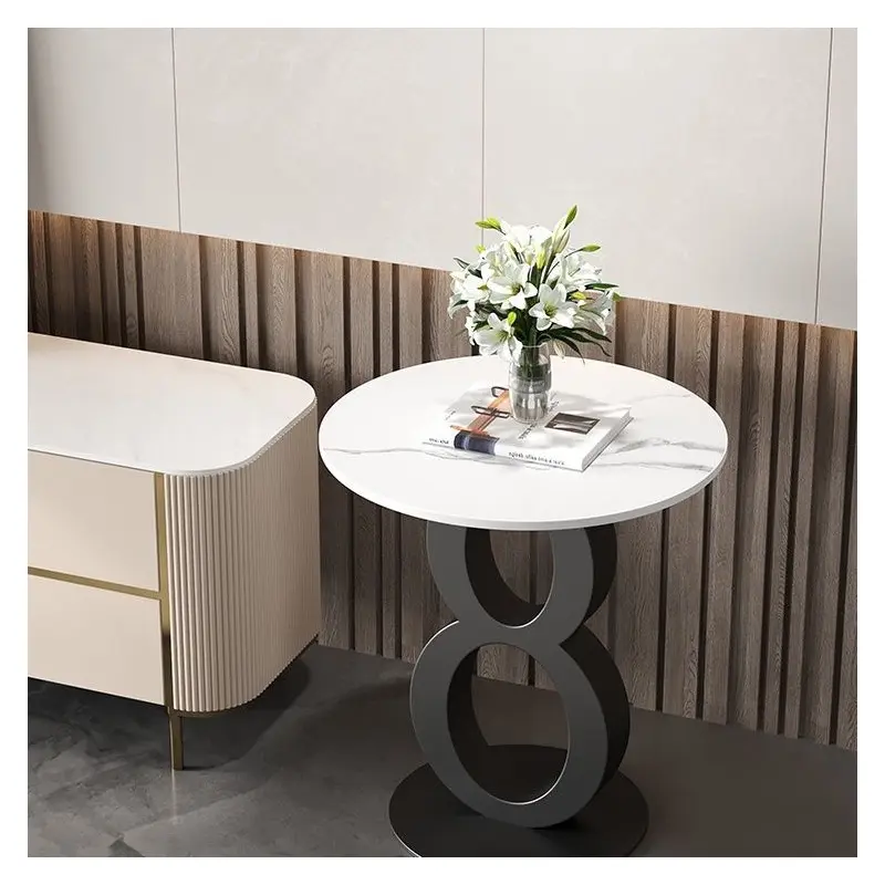 Contemporary Scandinavian Marble Carbon Steel Round Hollow Side Table 1-Tier For Living Room