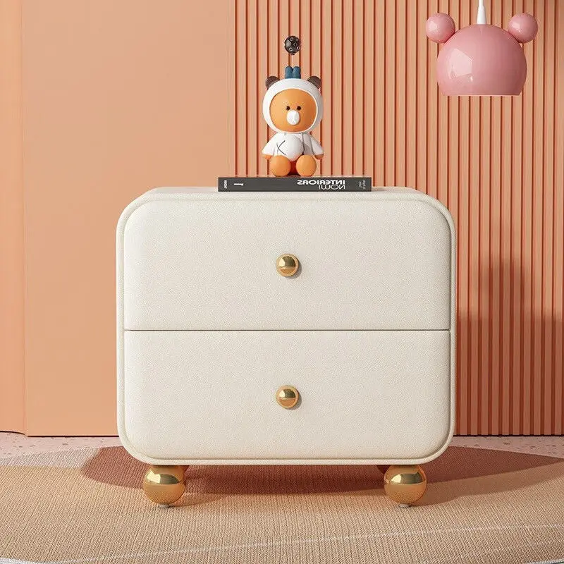Contemporary Scandinavian Microfiber Leather Solid Wood Metal Ball Square Nightstand 2-Drawer For Bedroom