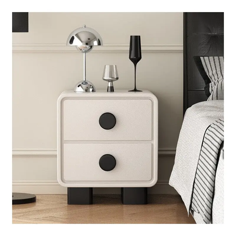 Contemporary Scandinavian Nappa Leather Solid Wood Metal Round Rectangle Nightstand 2-Drawer For Bedroom