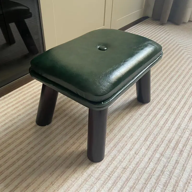 Contemporary Scandinavian Oil Wax Leather Wood Rectangular Low Stool Backless Armless For Living Room