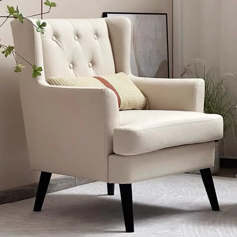 Contemporary Scandinavian Rectangular Solid Wood Cotton Linen Sponge Accent Chair Backrest Armrest For Living Room