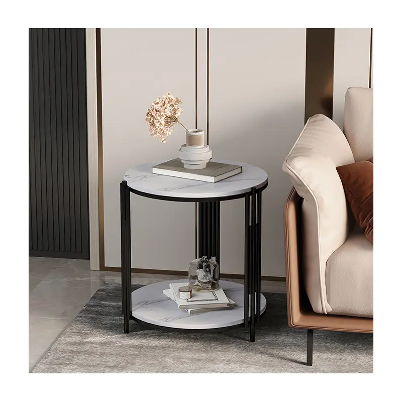 Contemporary Scandinavian Sintered Stone Iron Round Narrow Side Table 2-Tier For Living Room