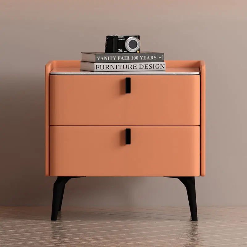 Contemporary Scandinavian Sintered Stone Microfiber Leather Solid Wood Carbon Steel Scythe-Leg Rounded Square Nightstand With 2 Drawers For Bedroom