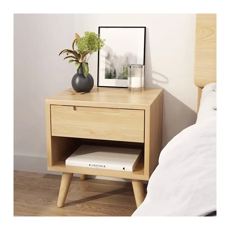 Contemporary Scandinavian Solid Wood Cylindrical Square Nightstand With 1/2 Drawers For Bedroom