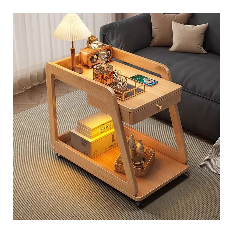 Contemporary Scandinavian Solid Wood Rectangular Trapezoid Side Table 2-Tier For Living Room