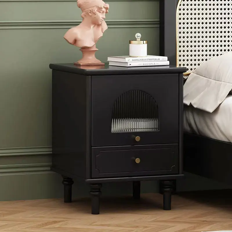 Contemporary Scandinavian Square Solid Wood Glass Nightstand 1-Drawer For Bedroom