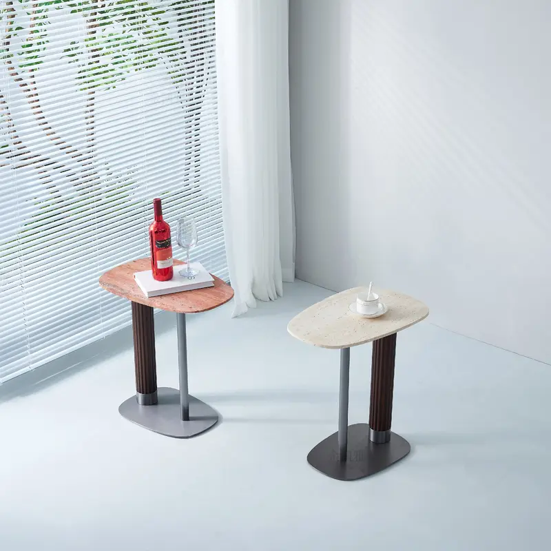 Irregular Rounded-Rectangle Natural Marble Solid Wood End Table - Scandinavian Dual-Pillar Legs Accent Table For Living Room