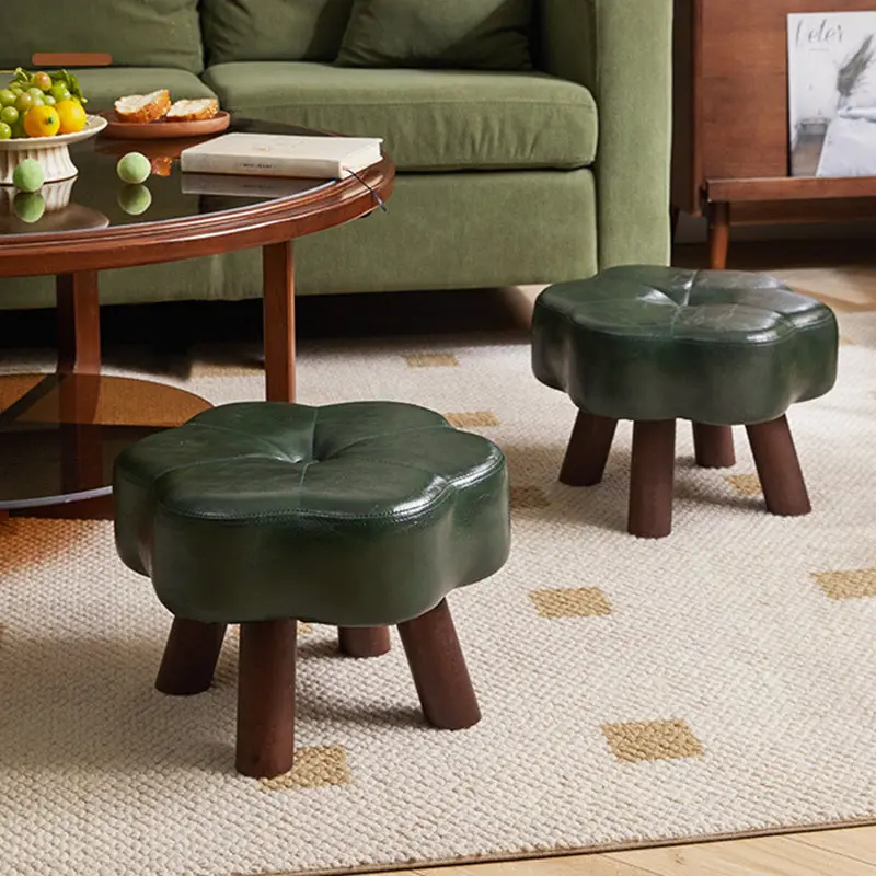 Modern Minimalist Faux Leather Wood Flower Low Stool Backless Armless For Living Room
