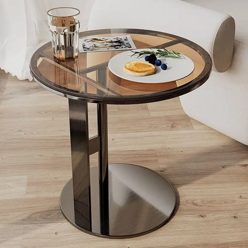 Modern Minimalist Glass Stone Slab Stainless Steel Round End Table 2-Tier For Living Room