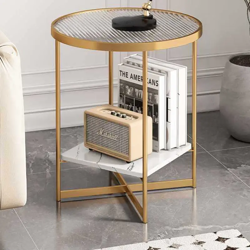 Modern Minimalist Round Stone Slab Iron Glass Side Table 2-Tier For Living Room