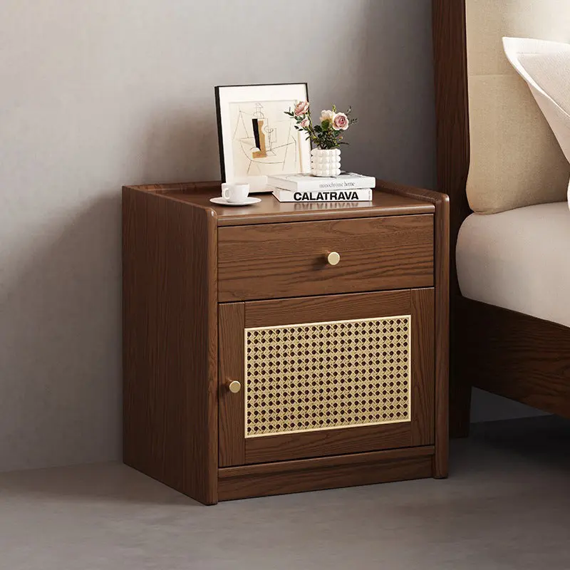 Modern Minimalist Square Rubberwood Steel Rattan Weaving Safe Deposit Box Nightstand 1-Drawer For Bedroom