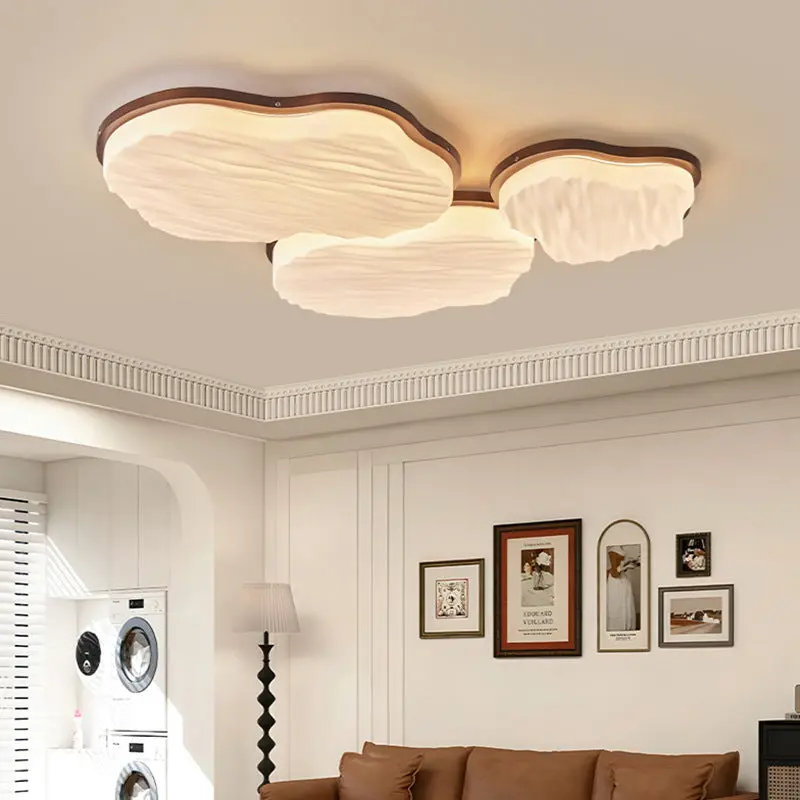 Traditional Chinese Rubberwood Acrylic Cloud Wave LED Flush Mount Ceiling Light For Living Room & Bedroom