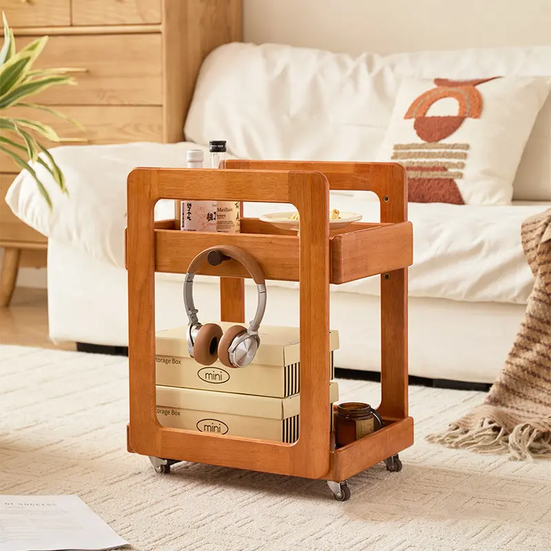 Traditional Japanese Solid Wood Mobile Rounded Square Side Table 2-Tier For Living Room