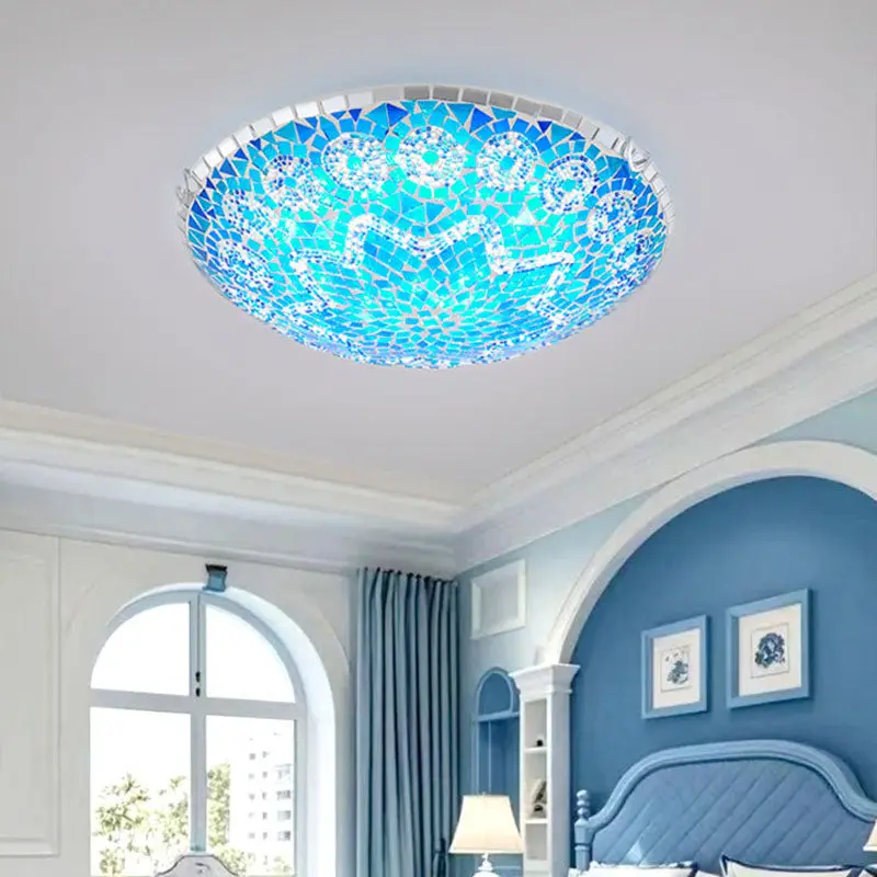 Traditional Tiffany Round Arched Hardware Glass 2/3/4-Light Flush Mount Ceiling Light For Bedroom