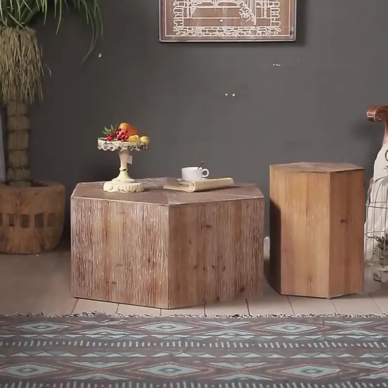 Traditional Vintage Hexagonal Solid Wood End Table With Non-Slip Feet Medium Density Fiberboard Base For Living Room