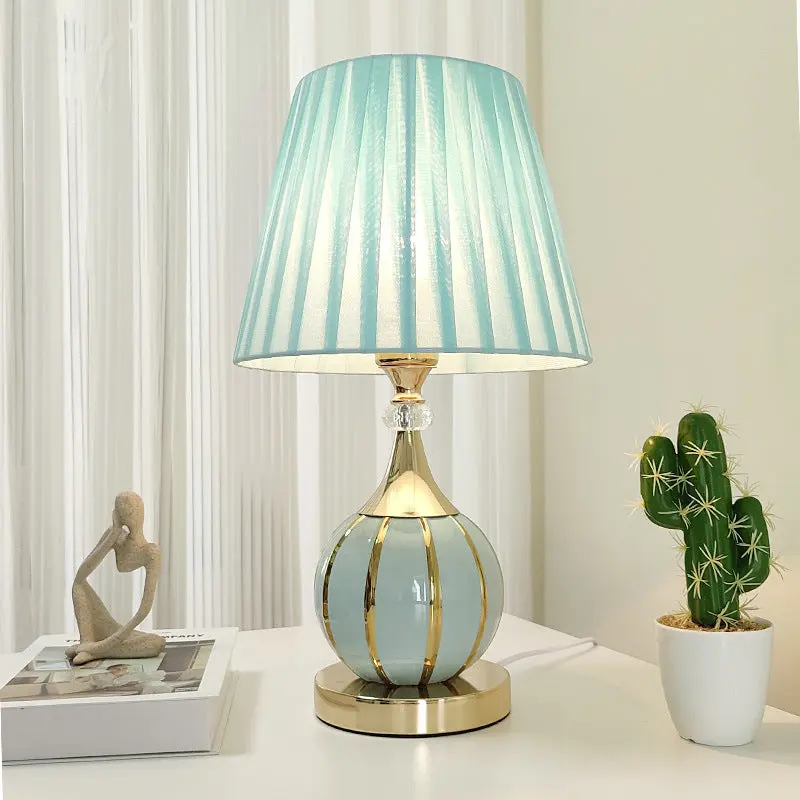 Traditional Vintage Pleated Spherical Ceramic Fabric Metal 1-Light Table Lamp For Bedroom