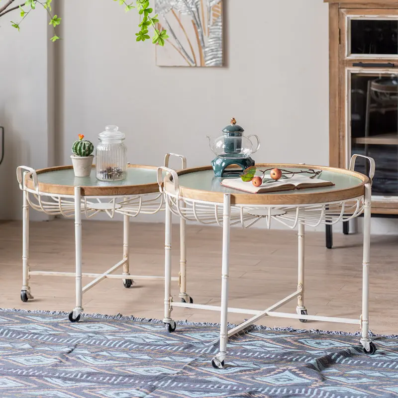 Traditional Vintage Round Iron Solid Wood Tempered Glass Movable End Table 1-Tier 4-Leg For Living Room
