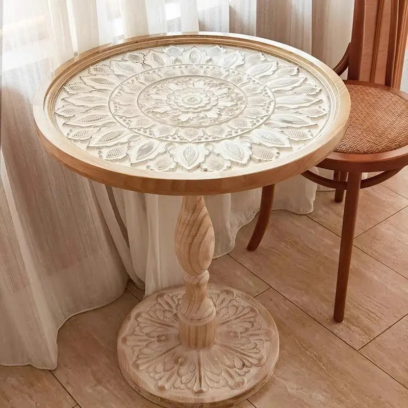 Traditional Vintage Round Solid Wood Glass Carved End Table For Living Room