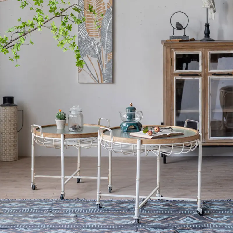 Traditional Vintage Round Solid Wood Iron Tempered Glass End Table Movable 4-Leg For Living Room
