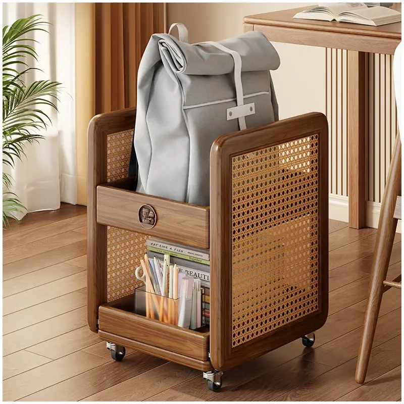 Traditional Vintage Rubberwood Rattan Woven Square Side Table 2-Tier For Living Room