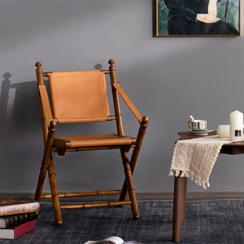 Traditional Vintage Saddle Leather Wooden Square Foldable Armchair Backrest For Living Room