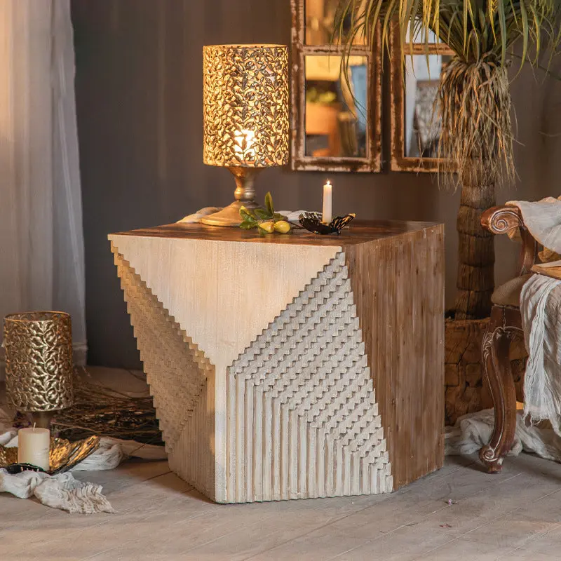 Traditional Vintage Square Rhombus Solid Wood End Table 1 Tier For Living Room