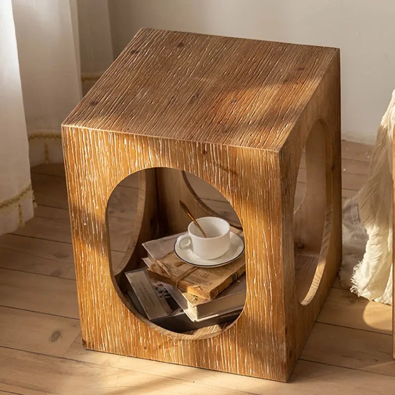 Traditional Vintage Square Solid Wood Medium-Density Fiberboard Openwork Movable End Table For Living Room