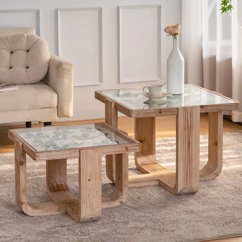 Traditional Vintage Square Solid Wood Tempered Glass End Table For Living Room