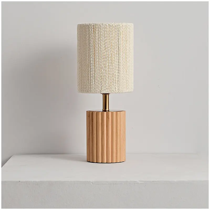 Traditional Japanese Round Cylinder Paper Rope Wood 1-Light Table Lamp For Bedroom