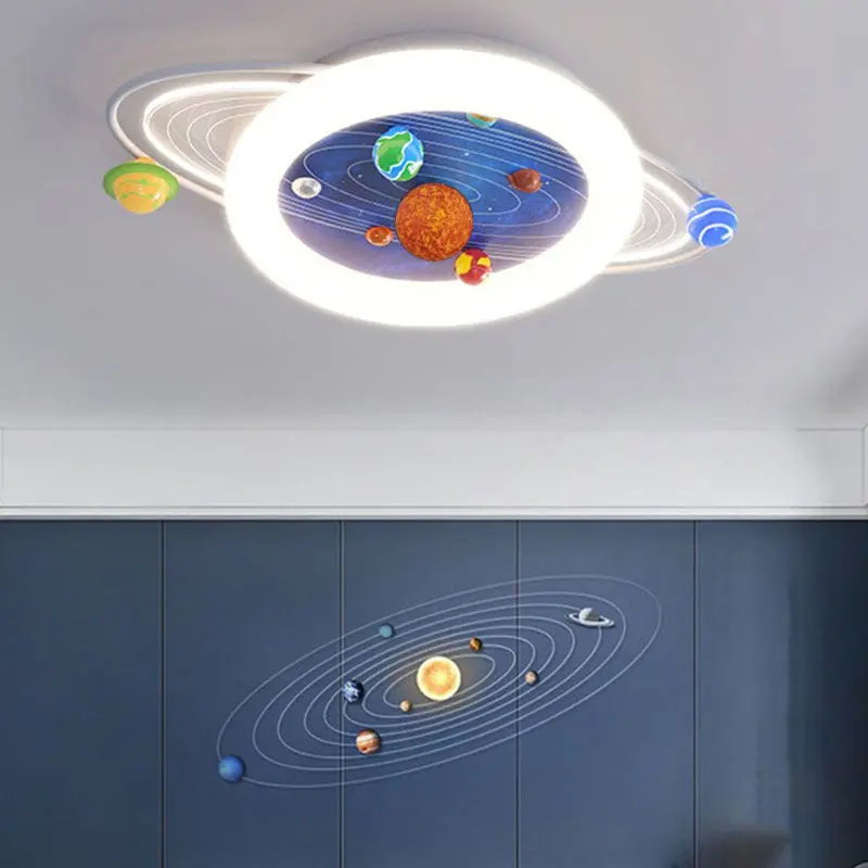 Contemporary Creative Kids Round Planet Acrylic Iron LED Flush Mount Ceiling Light For Bedroom