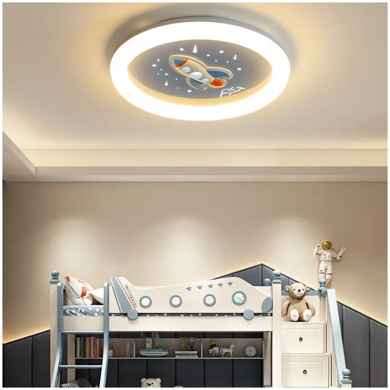 Contemporary Creative Kids Round Rocket Acrylic Resin Iron LED Flush Mount Ceiling Light For Bedroom