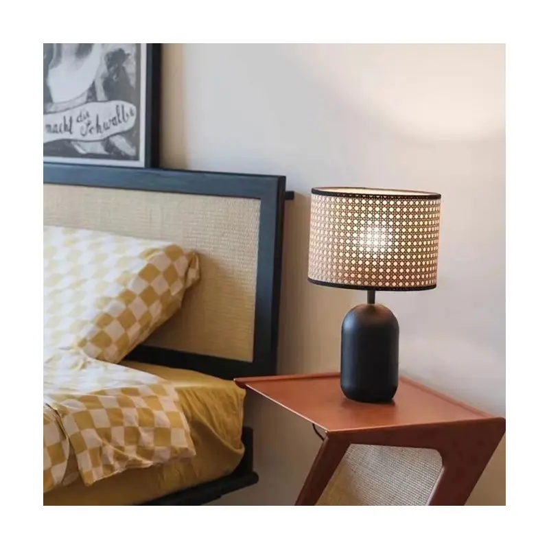 Traditional Japanese Round Cylinder Rattan Mesh Shade Metal 1-Light Table Lamp For Living Room