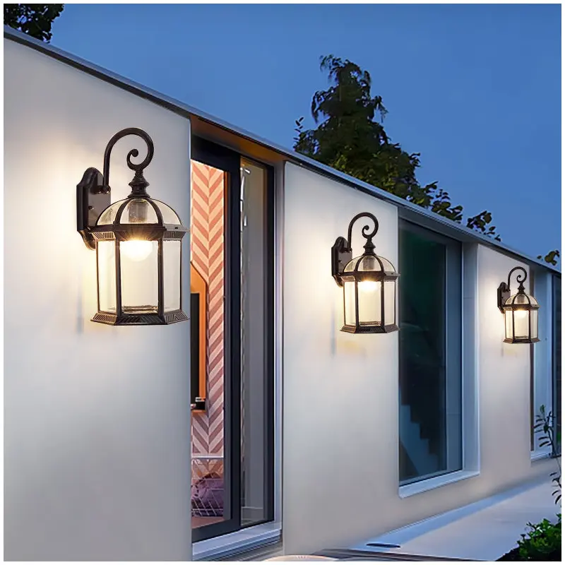 Traditional Vintage Hexagonal Castle Aluminum Glass 1-Light Outdoor Wall Sconce Lamp For Garden
