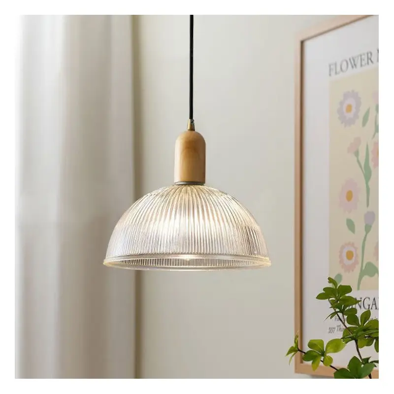 Traditional Vintage Round Bowl Solid Wood Dome Glass 1-Light Pendant Light For Living Room