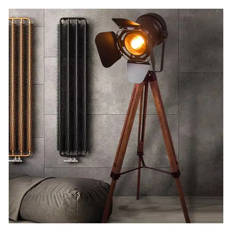 Traditional Vintage Tripod Camera Wooden Iron ABS 1-Light Standing Floor Lamp For Living Room