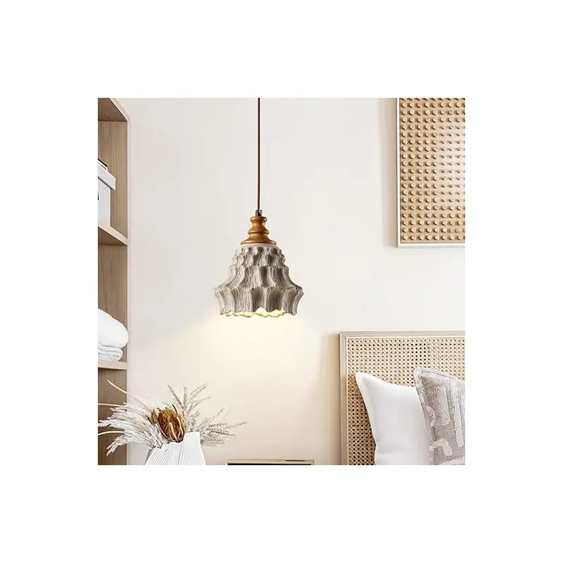 Traditional Vintage Wood Corrugated Concrete Shade 1-Light Pendant Light For Living Room